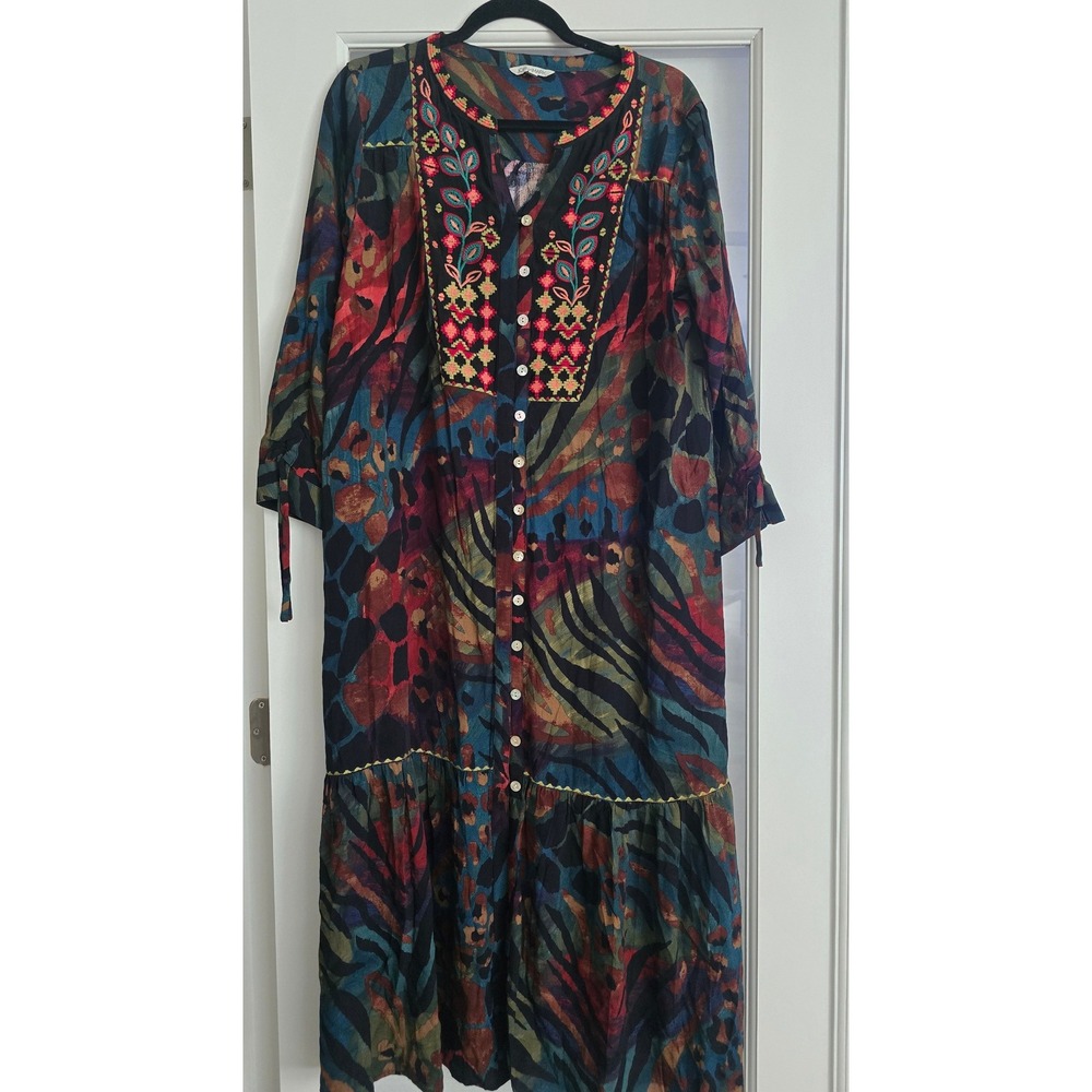 John Mark Embroidered Abstract Animal Print Maxi Dress Womens Medium Boho Tiered